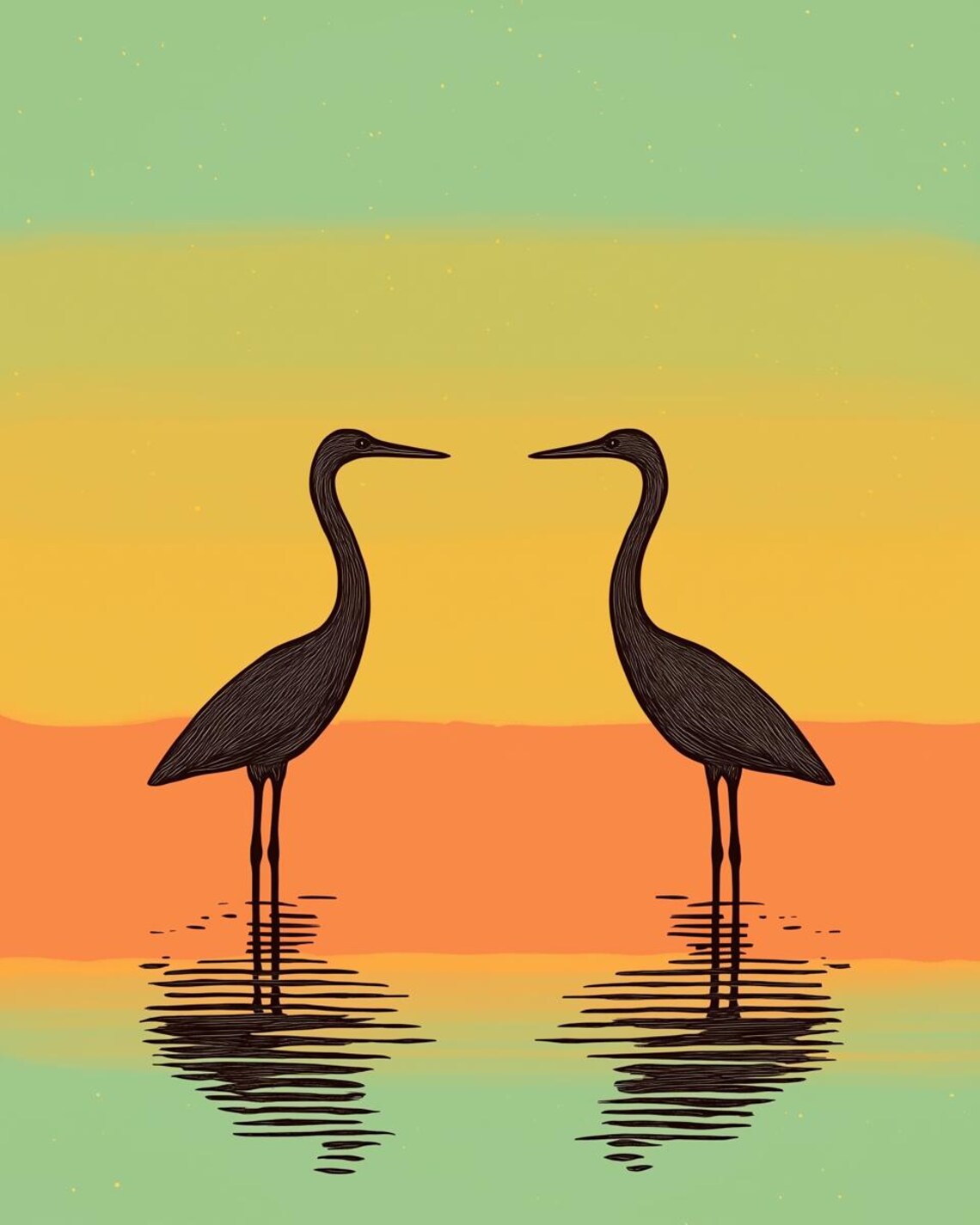 Elegant Black Herons, Reflective Water Sunset Scene