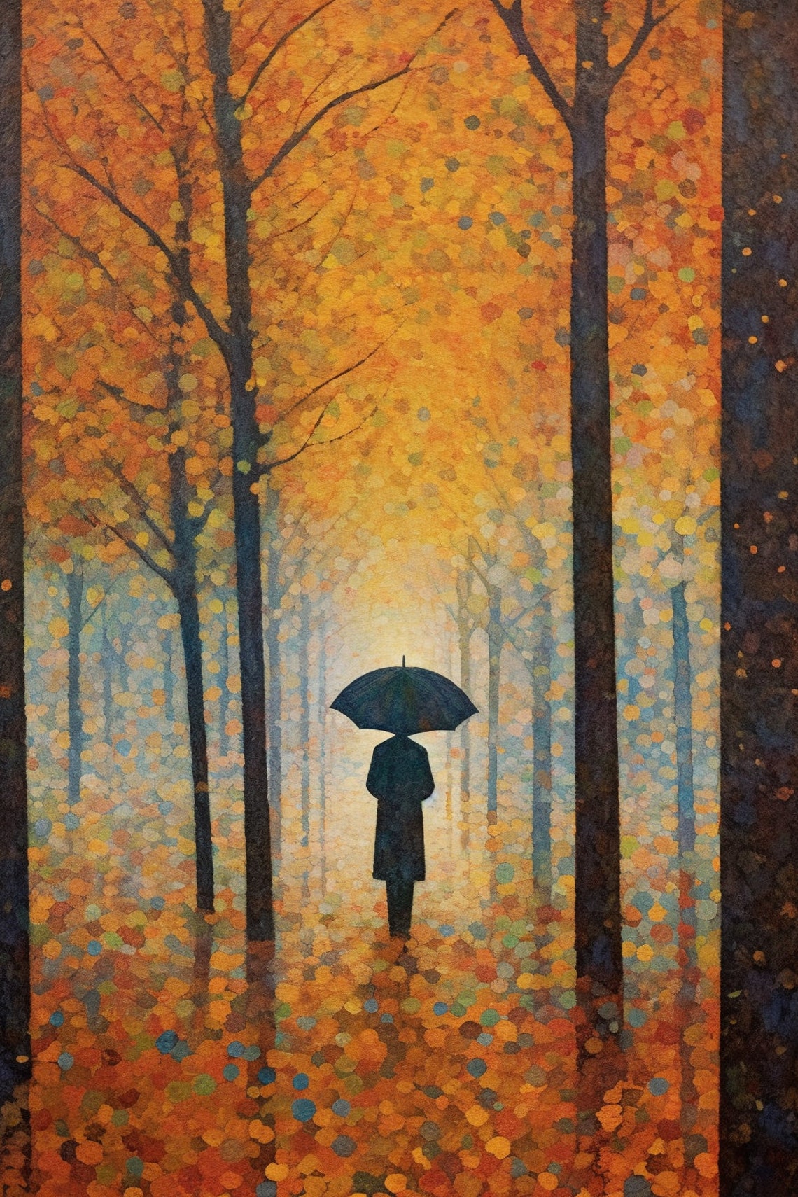 Autumn Path Figure With Umbrella Pointillist Fall Landscape Poster