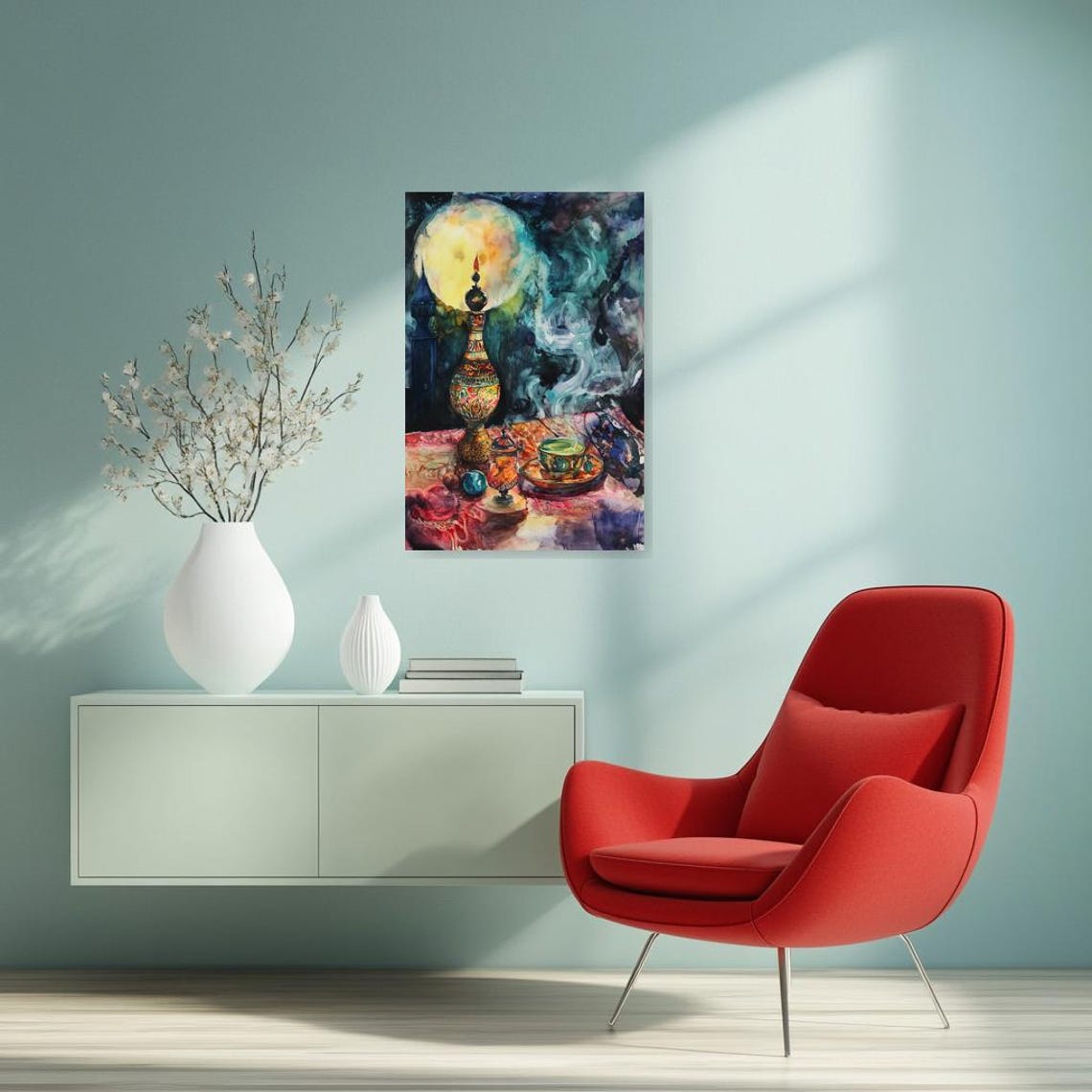 Moonlit Still Life with an Ornate Patterned Bottle and Tea Cup Poster - Image 4