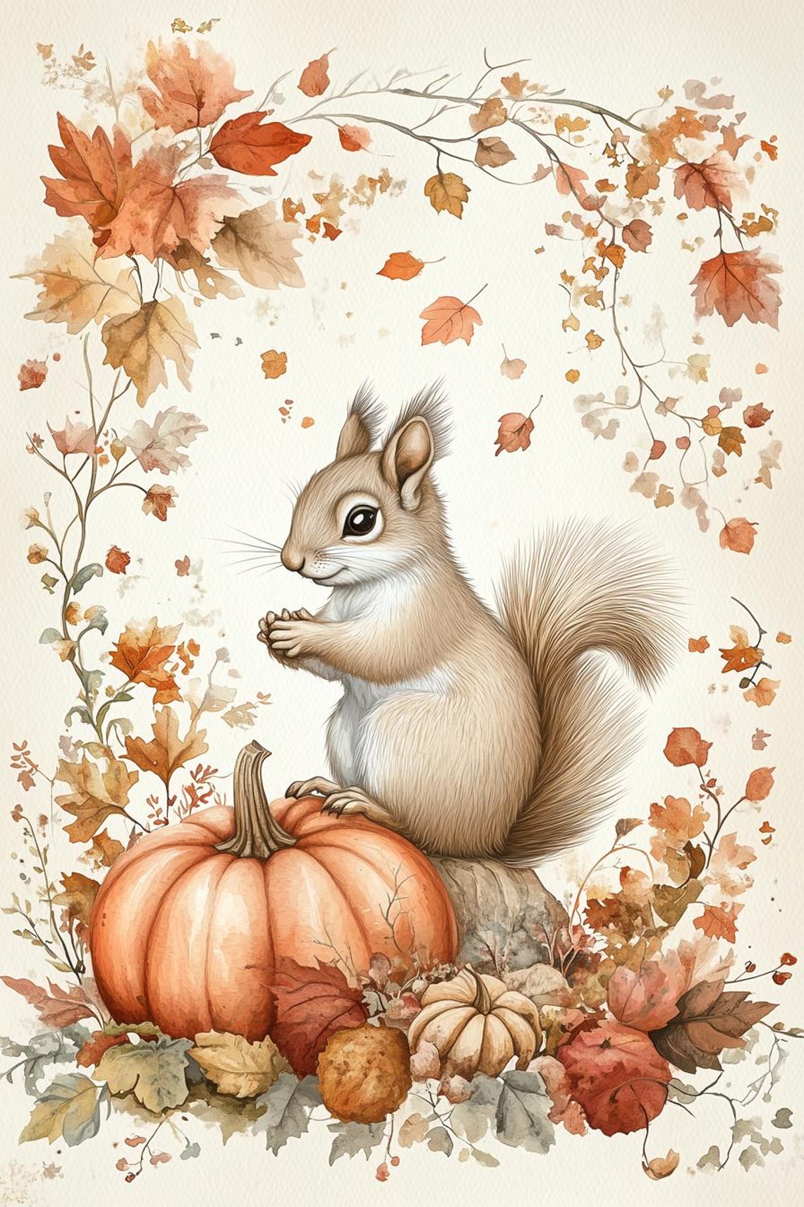 Cute Autumn Squirrel with Pumpkins Watercolor Fall Decor Poster