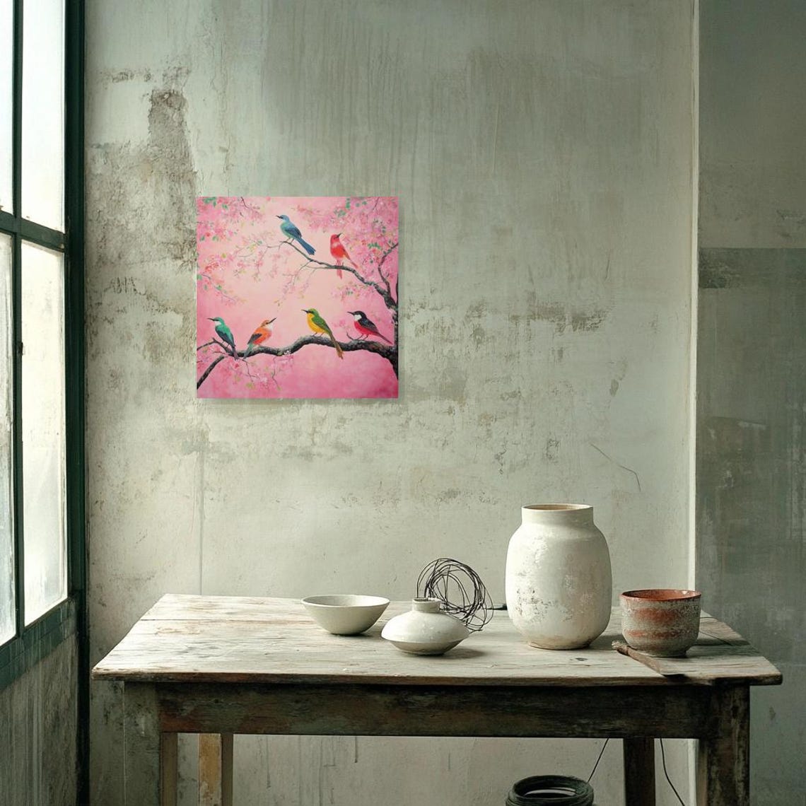 Six Colorful Songbirds Perched on Pink Cherry Blossom Branches Poster - Image 3