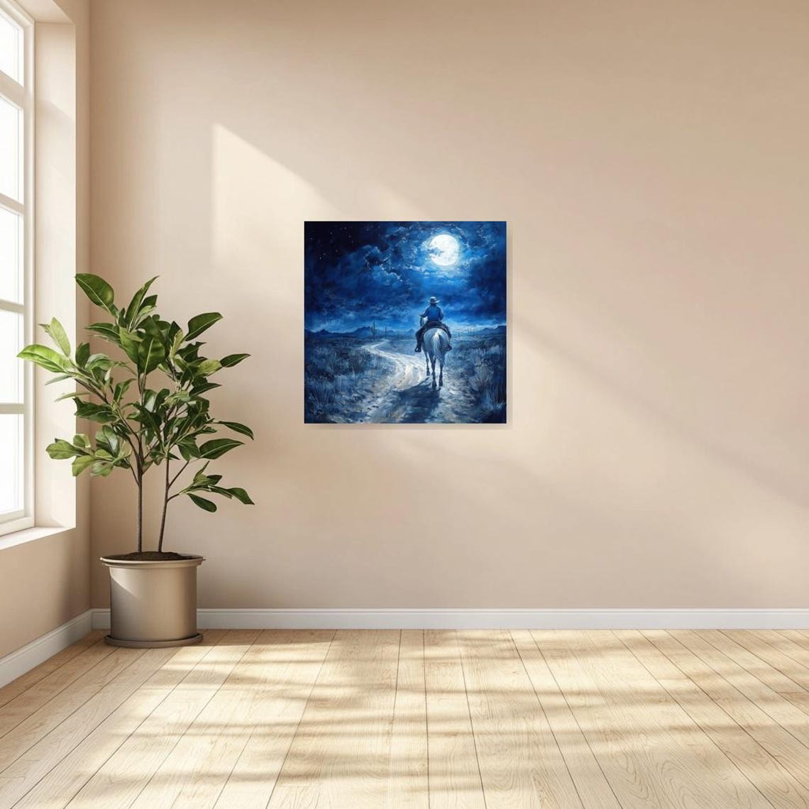 Lone Cowboy on a White Horse Under a Moonlit Desert Sky Poster - Image 2