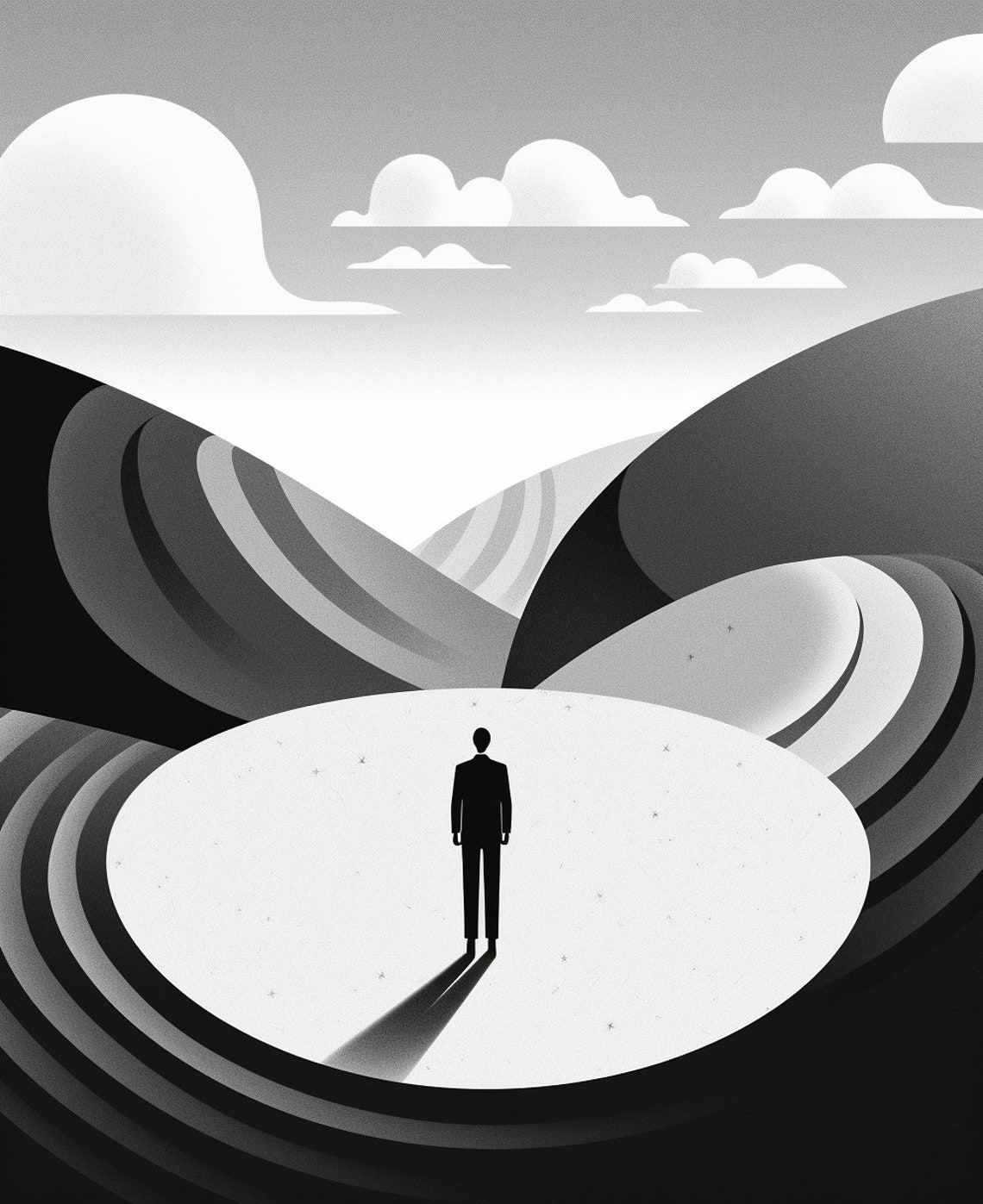 Tiny Figure in Oval Arena with Layered Hills Minimal Surreal Poster
