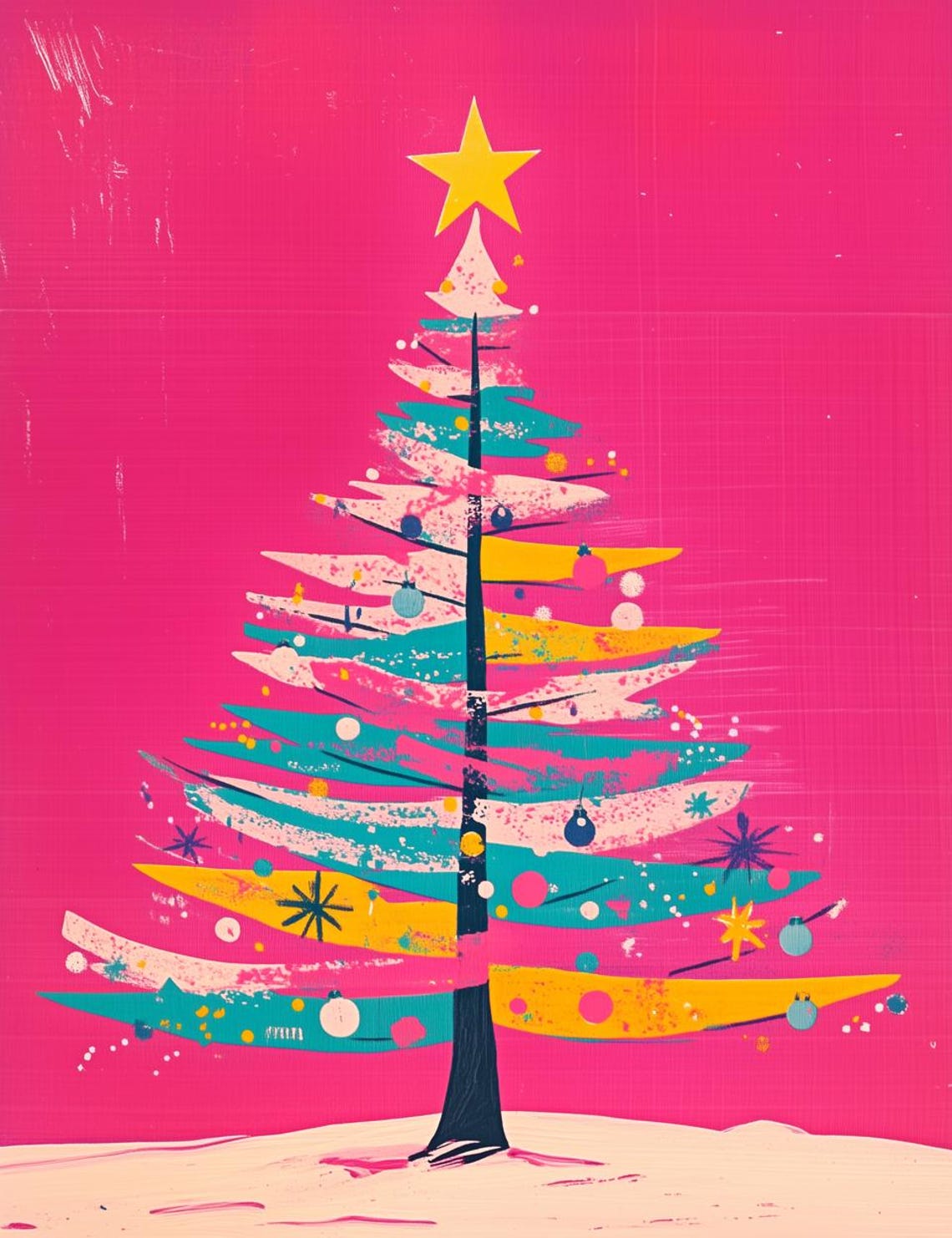 Whimsical Modern Christmas Tree on a Vivid Pink Background Poster