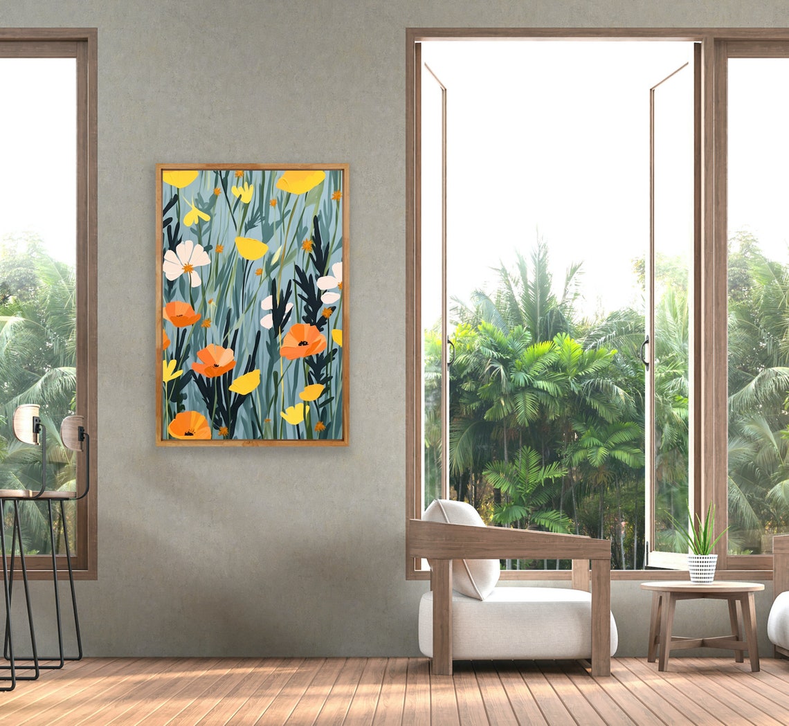 Orange and Yellow Poppies on Teal Flat Botanical Floral Poster - Image 2
