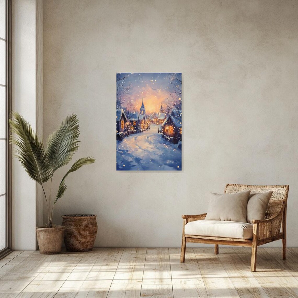 Snowy Village at Dusk with a Glowing Church Spire and Lamps Poster - Image 2