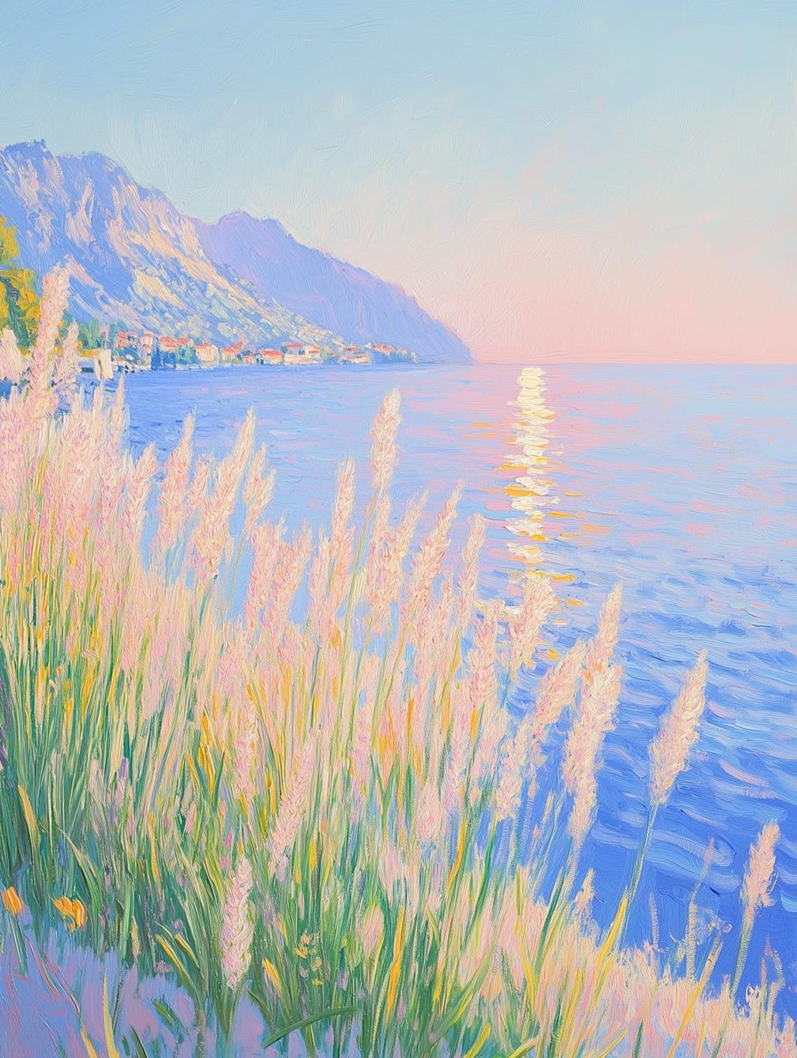 Pastel Coastal Landscape With Reeds and Mountains Impressionist Poster