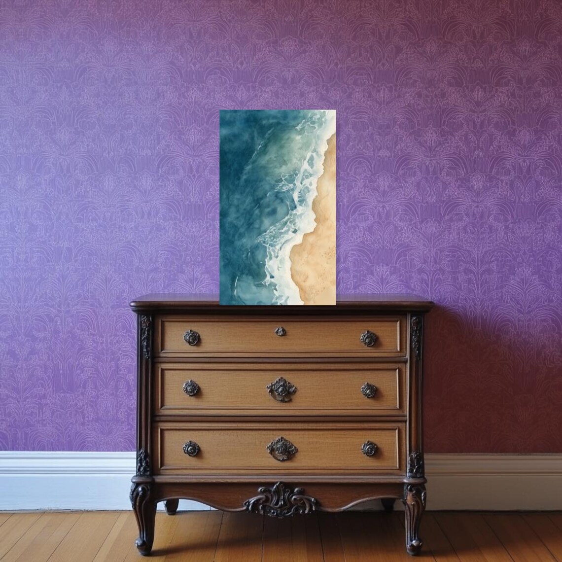 Serene Aerial Ocean Waves Meeting Sand Watercolor Coast Poster - Image 2
