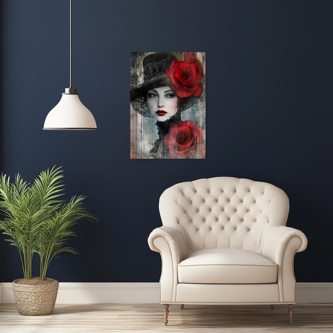 Woman in a Wide Black Hat with Bold Red Roses Art Nouveau Poster - Image 4
