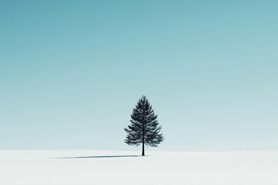 Solitary Pine Tree On Snowy Field Under Pale Winter Sky Poster
