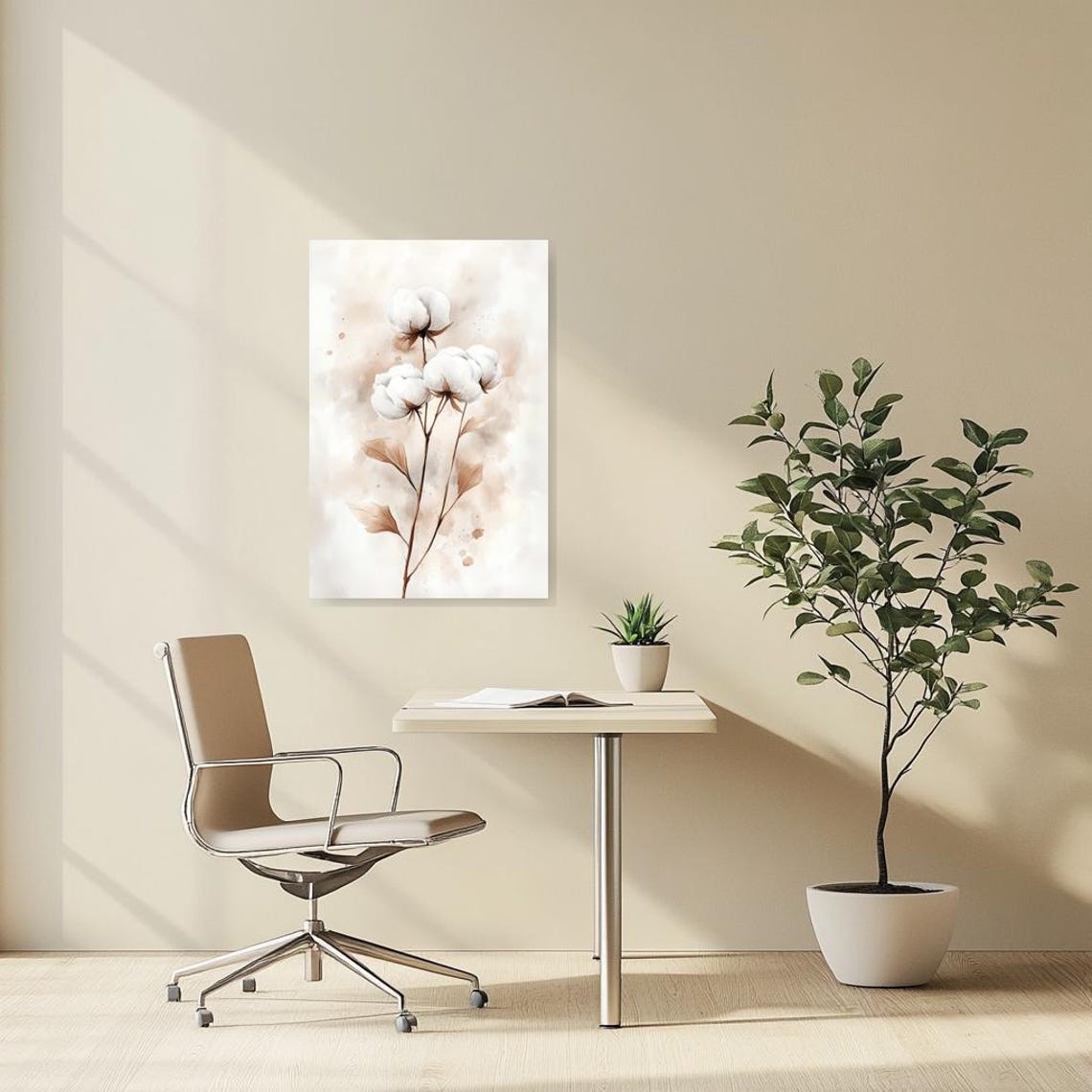 Minimalist Watercolor Cotton Flower Branches Neutral Tones Poster - Image 2