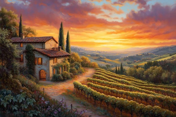 Print Inspired By Claude Monet With Serene Vineyard Sunset Landscape Wall Art For Home Decor