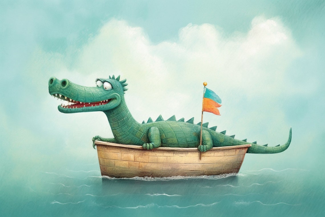 Smiling Alligator in a Rowboat Cute Nursery Illustration Wall Poster