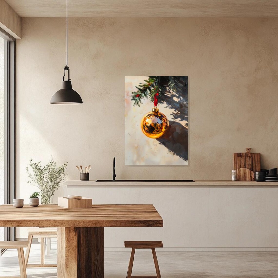Golden Christmas Ornament Still Life with Pine Branch Painting Poster - Image 2