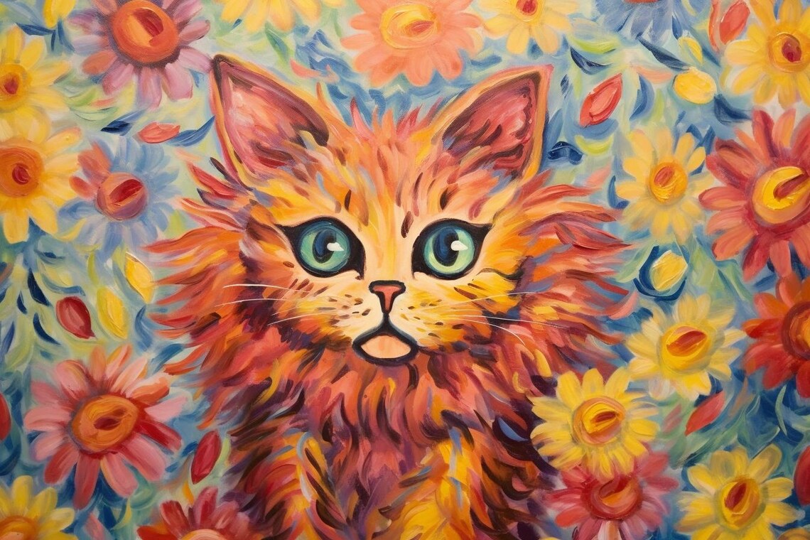 Electric Orange Cat Big Eyes Flowers Whimsical Fantasy Poster