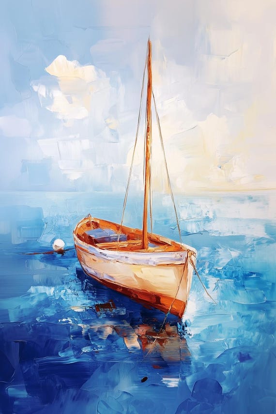 Hand Painted Boat Art In The Style Of Monet Serene Blue Waters Wall Art Original Print For Home Decor