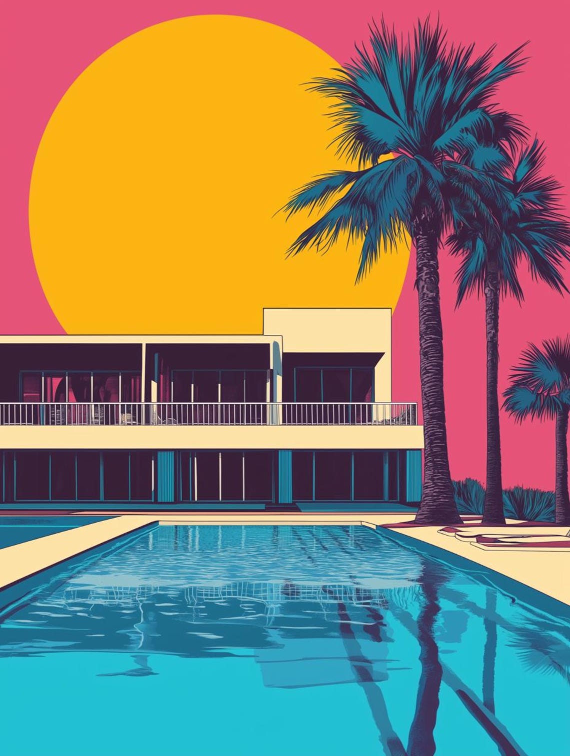 Mid-Century Modern Poolside Villa with Palms and Pink Sky Poster