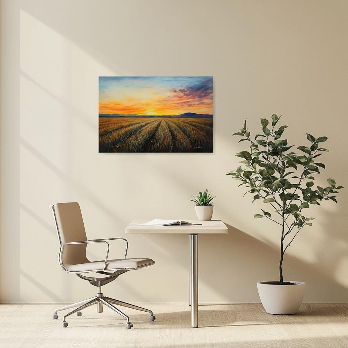 Golden Sunset Over Wheat Field Rows Impressionist Landscape Poster - Image 3