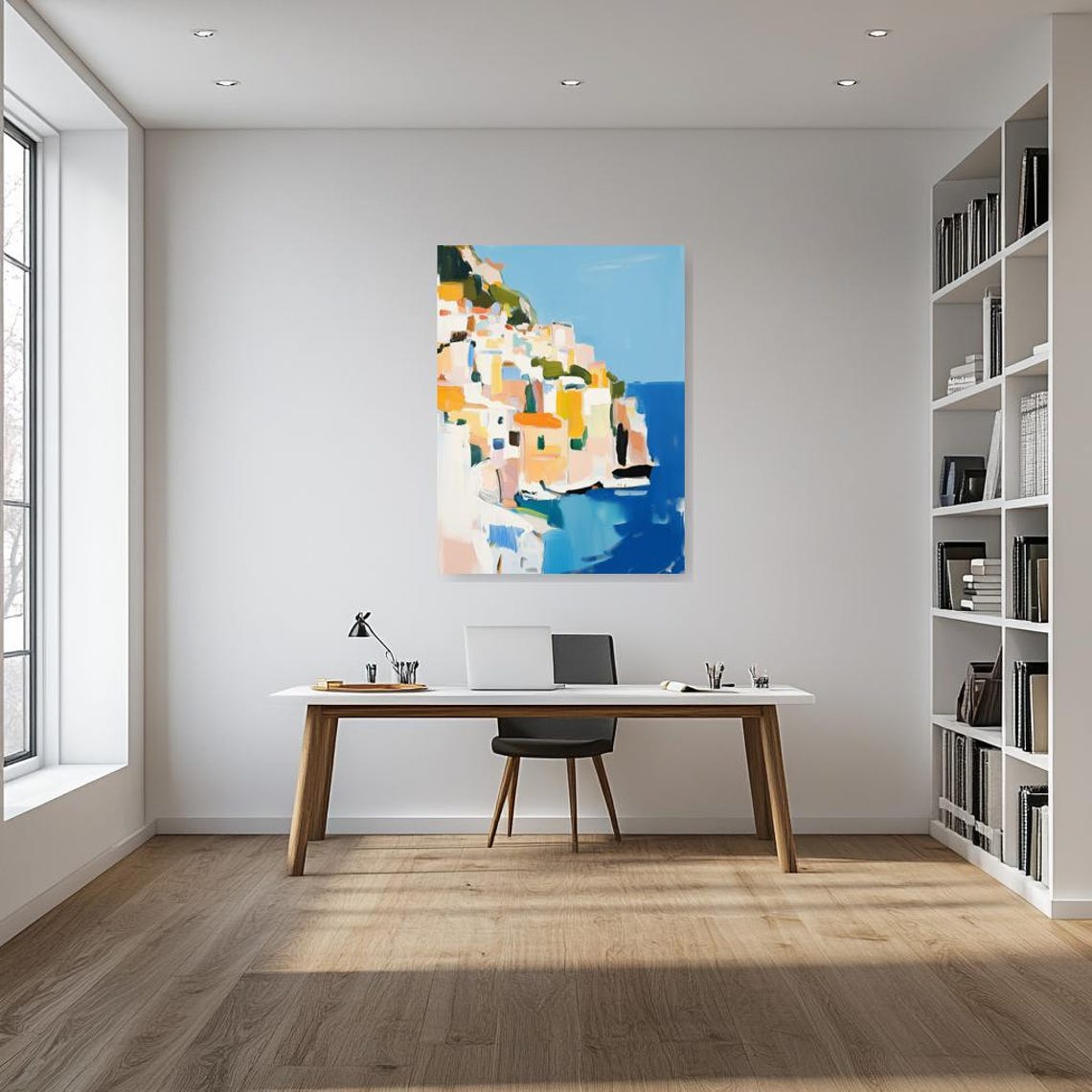 Impressionist Coastal Town On Cliffs Above A Sparkling Blue Sea Poster - Image 4