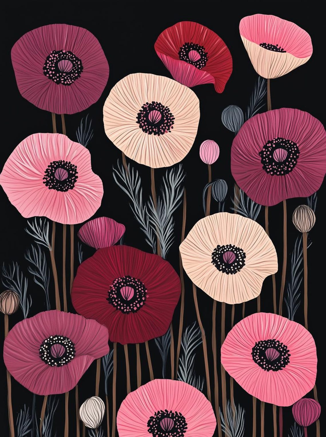 Pink and Red Poppies Blooming on a Dramatic Black Background Poster