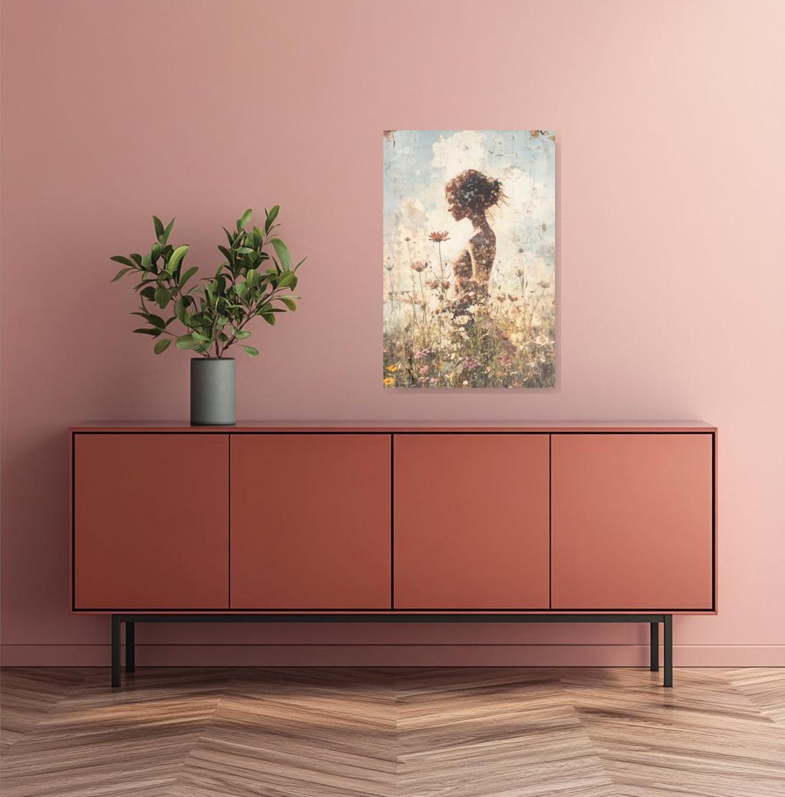Floral Silhouette Woman Wildflower Meadow Impressionist Collage Poster - Image 2