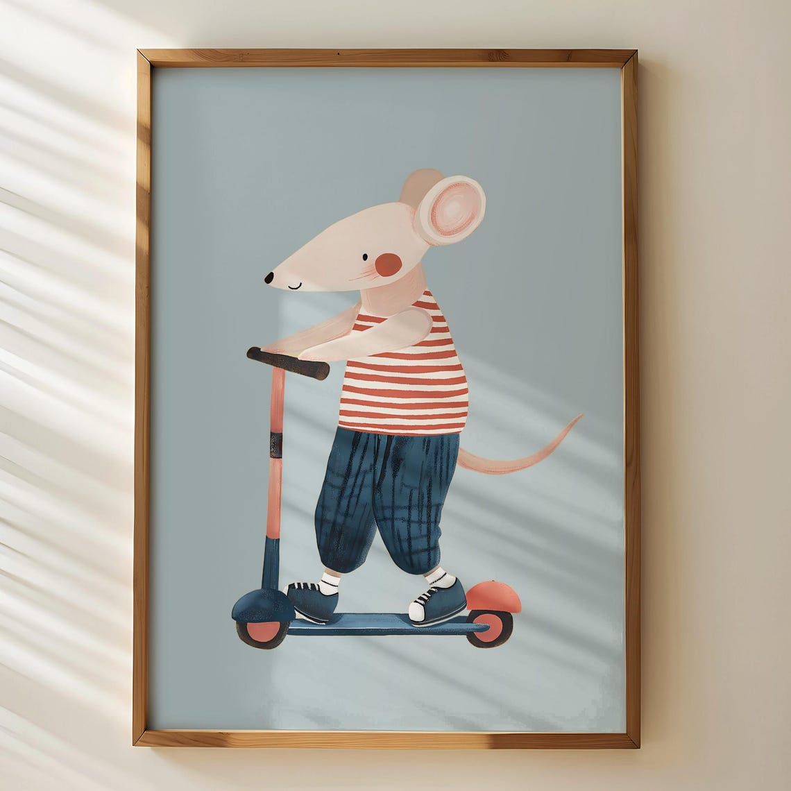 Cute Mouse Riding Scooter Striped Shirt Nursery Animal Art Poster