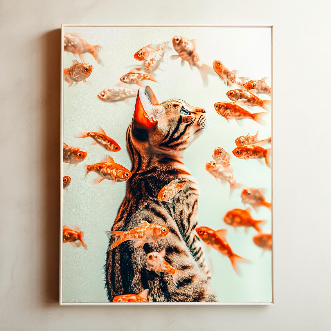 Tabby Cat Surrounded By Goldfish Dreamy Pastel Animal Wall Art Poster