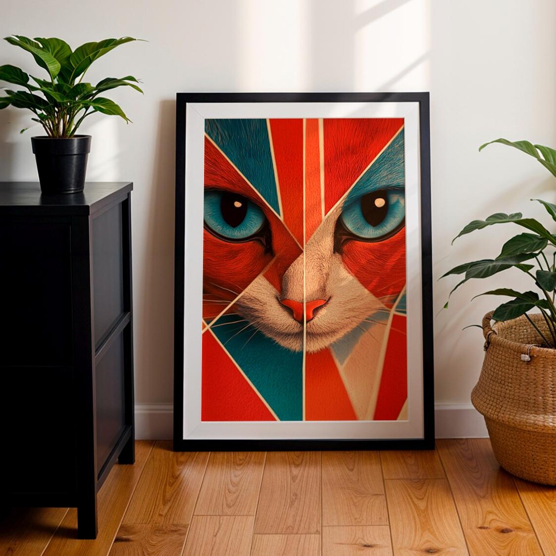 Geometric Cat Face Red Blue Art Deco Split Portrait Modern Wall Art Print - Image 2