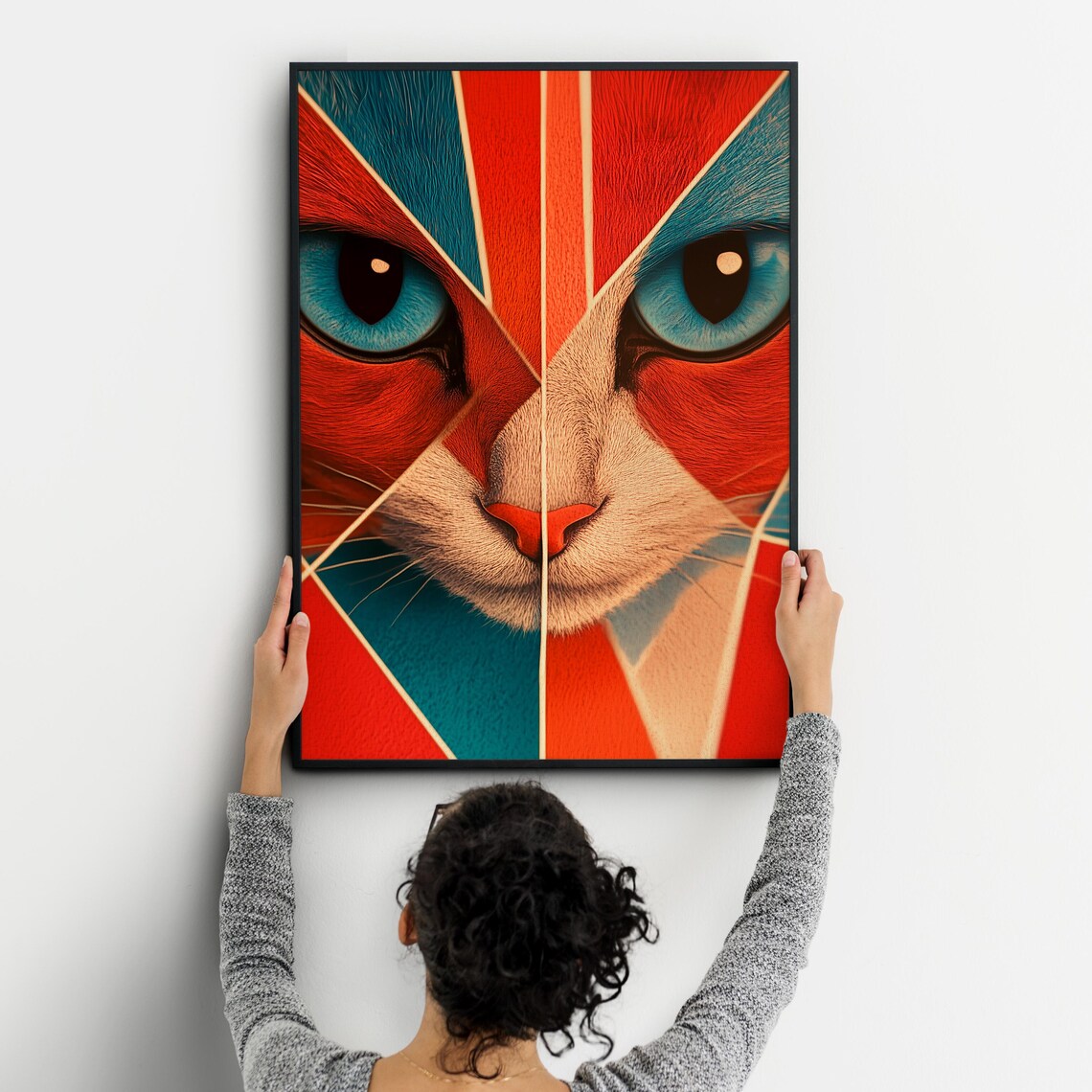 Geometric Cat Face Red Blue Art Deco Split Portrait Modern Wall Art Print - Image 4