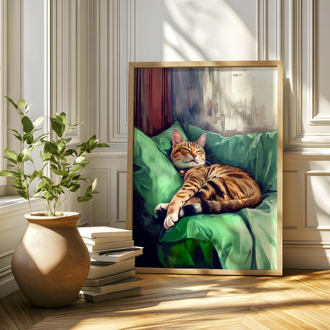 Ginger Tabby Cat Sleeping On Green Couch Cozy Bedroom Wall Art Print - Image 2
