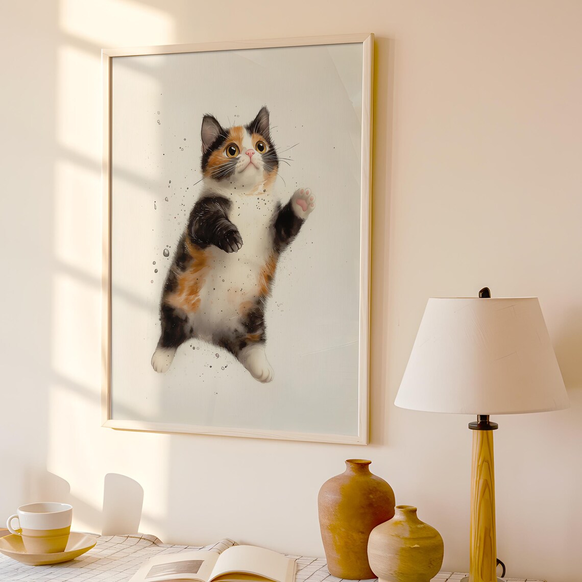 Calico Kitten Jumping Watercolor Playful Cream Kids Nursery Wall Art Print - Image 2