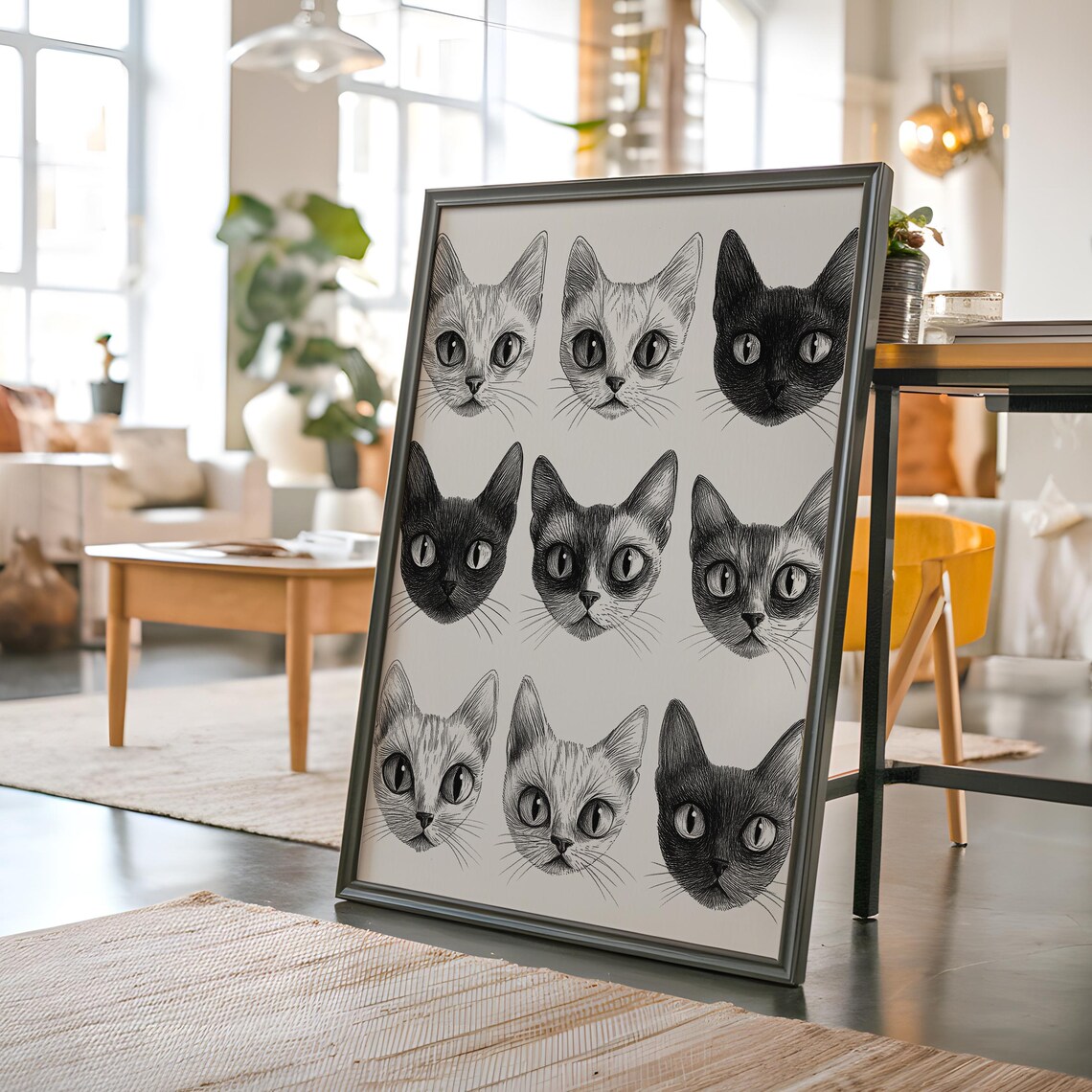Nine Cat Faces Pencil Sketch Grid Black White Retro Boho Wall Art Poster - Image 2