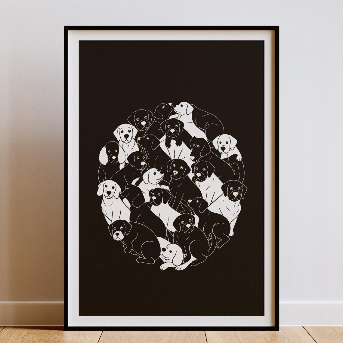 Circle of Puppies Black and White Dog Lover Minimal Line Art Poster