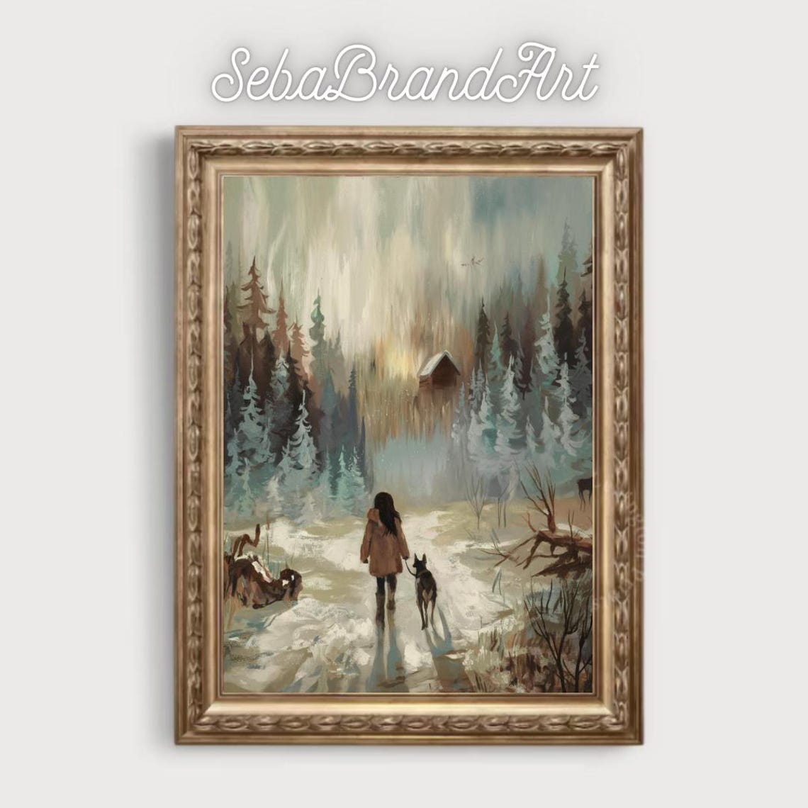 Girl Walking Dog Toward Cabin In Snowy Pine Forest Winter Art Poster - Image 2