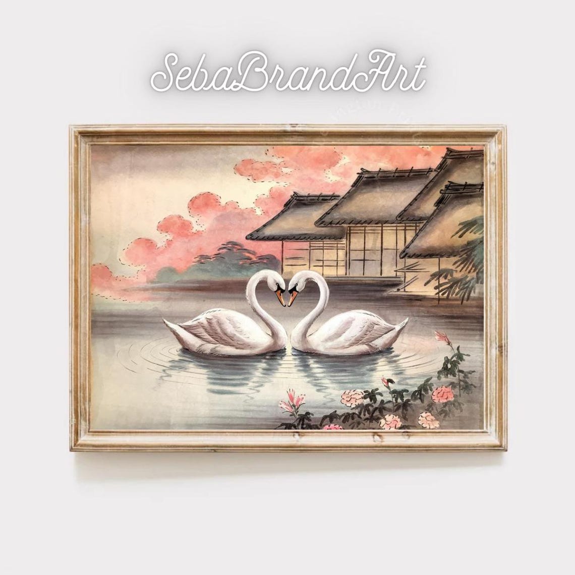 Two Swans Before Japanese Rooftops At Sunset Nihonga Style Poster