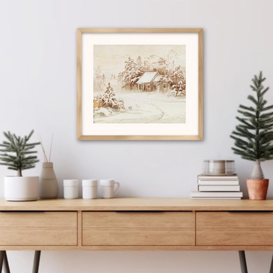Snowy Cottage Among Pines Delicate Ink Wash Winter Landscape Art Print - Image 3