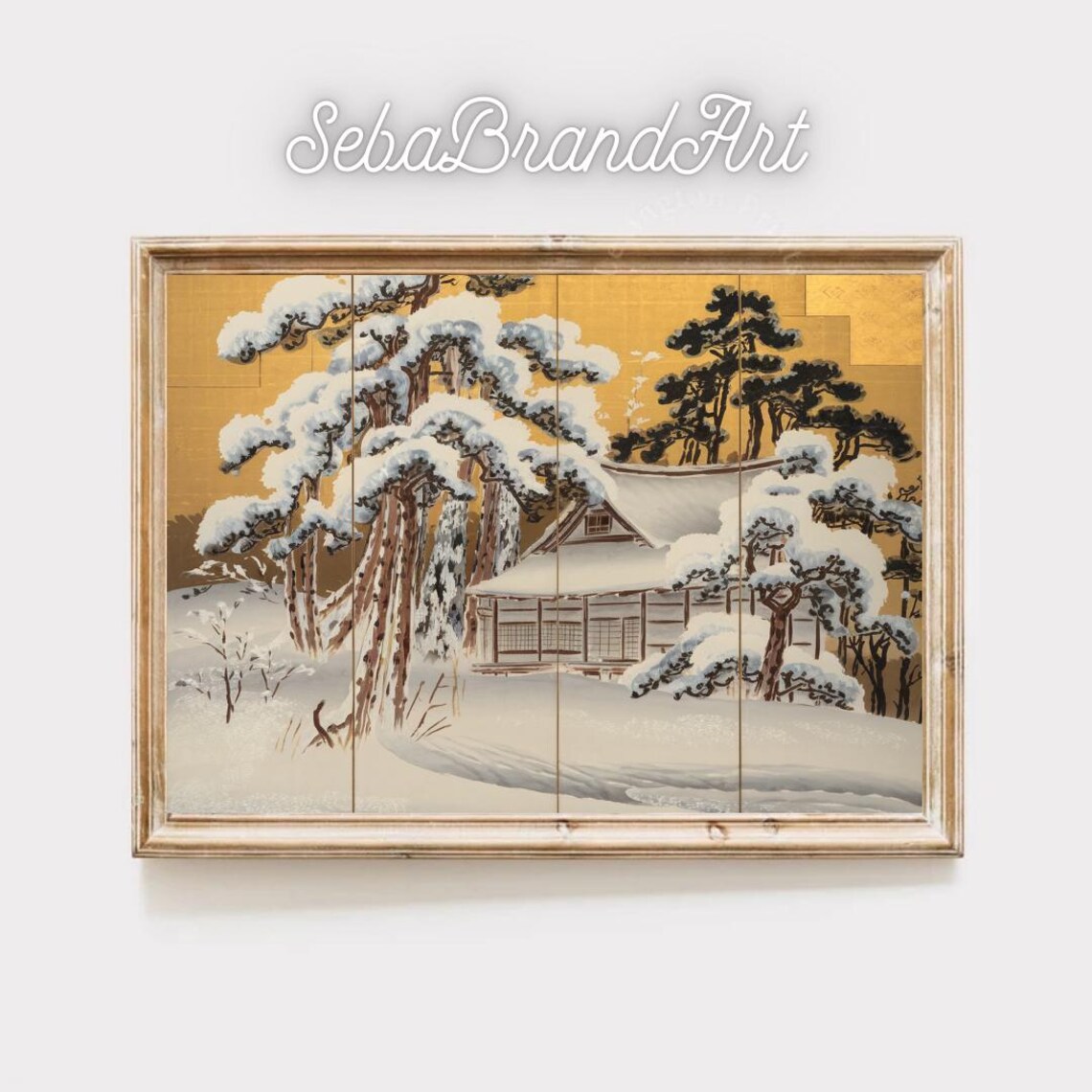Snow Covered Japanese House Among Pines Gold Leaf Winter Art Poster