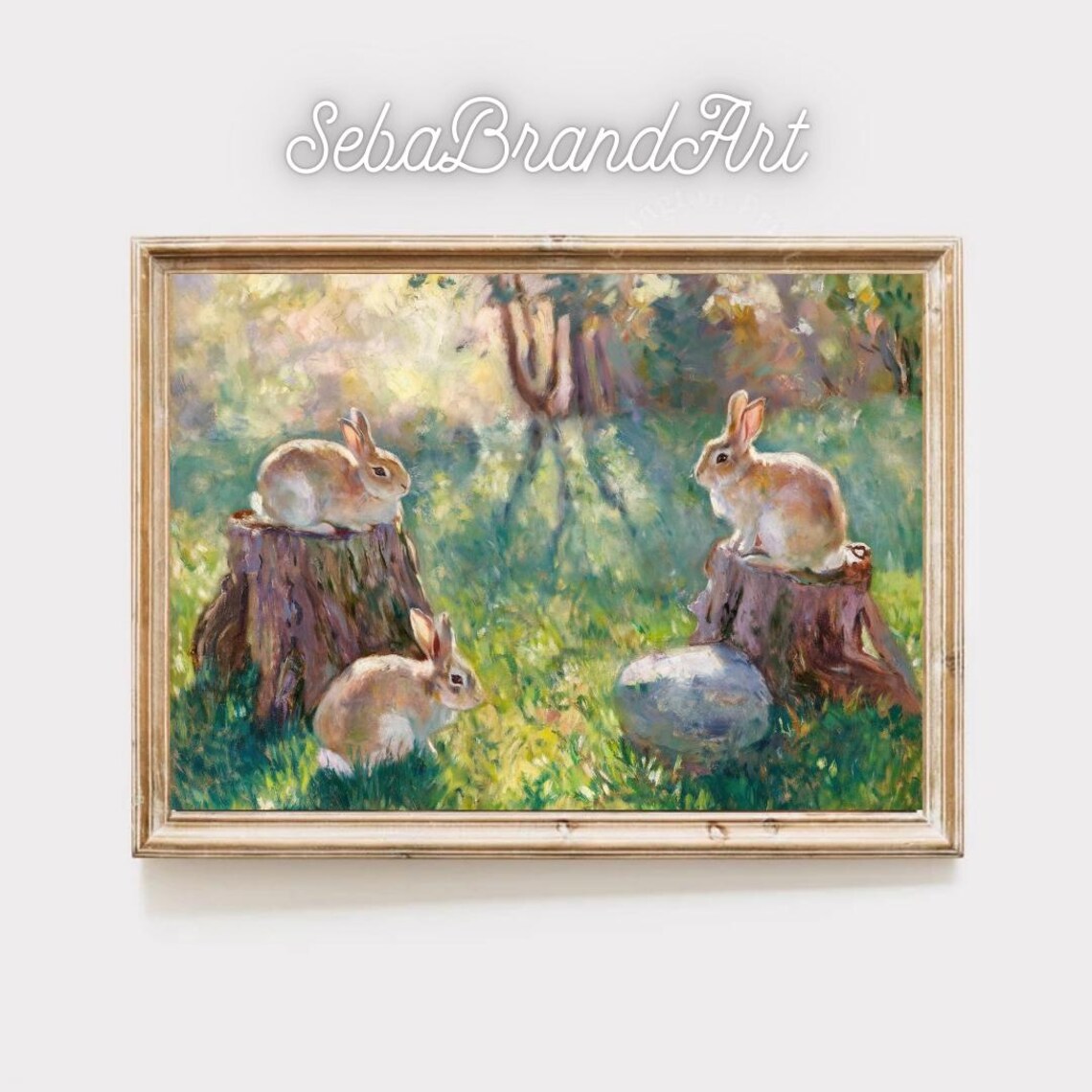 Claude Monet Style Sunlit Meadow, Rabbits Landscape