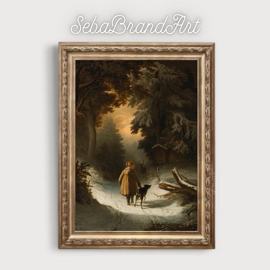 Child And Dog Walking A Snowy Forest Path At Dusk Baroque Poster - Image 2