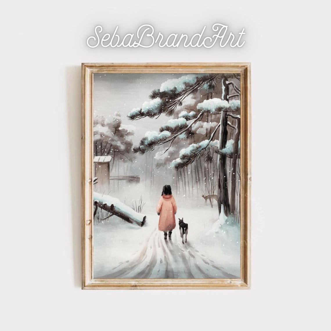 Girl In Pink Coat Walking Her Dog Through A Snowy Winter Forest Poster