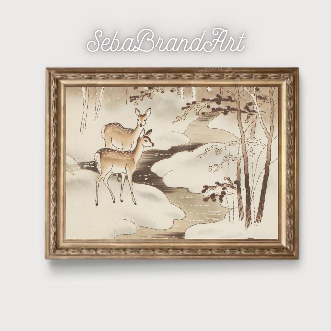 Two Spotted Deer By Dark Stream In Snowy Woods Ink Wash Art Poster - Image 2