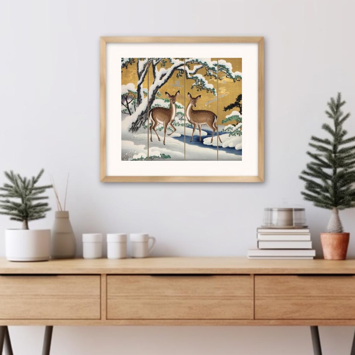 Two Deer By Snowy Stream Under Pines Gold Leaf Japanese Nature Art Print - Image 3
