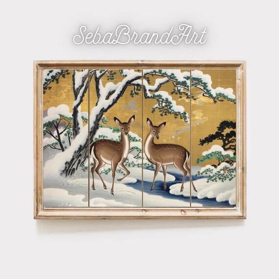 Two Deer By Snowy Stream Under Pines Gold Leaf Japanese Nature Art Print