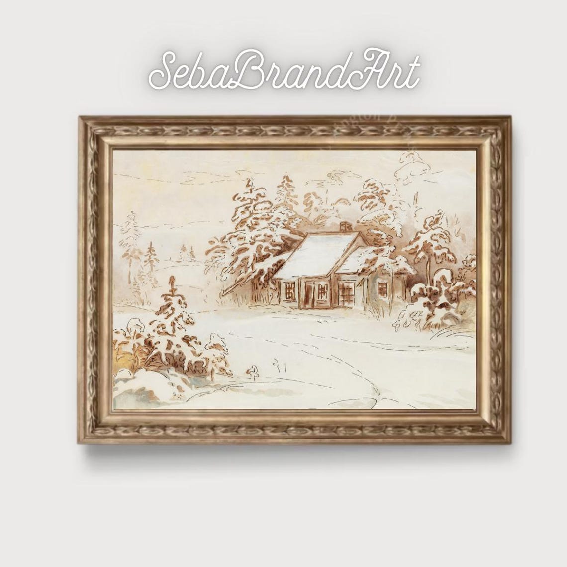 Snowy Cottage Among Pines Delicate Ink Wash Winter Landscape Art Print - Image 2
