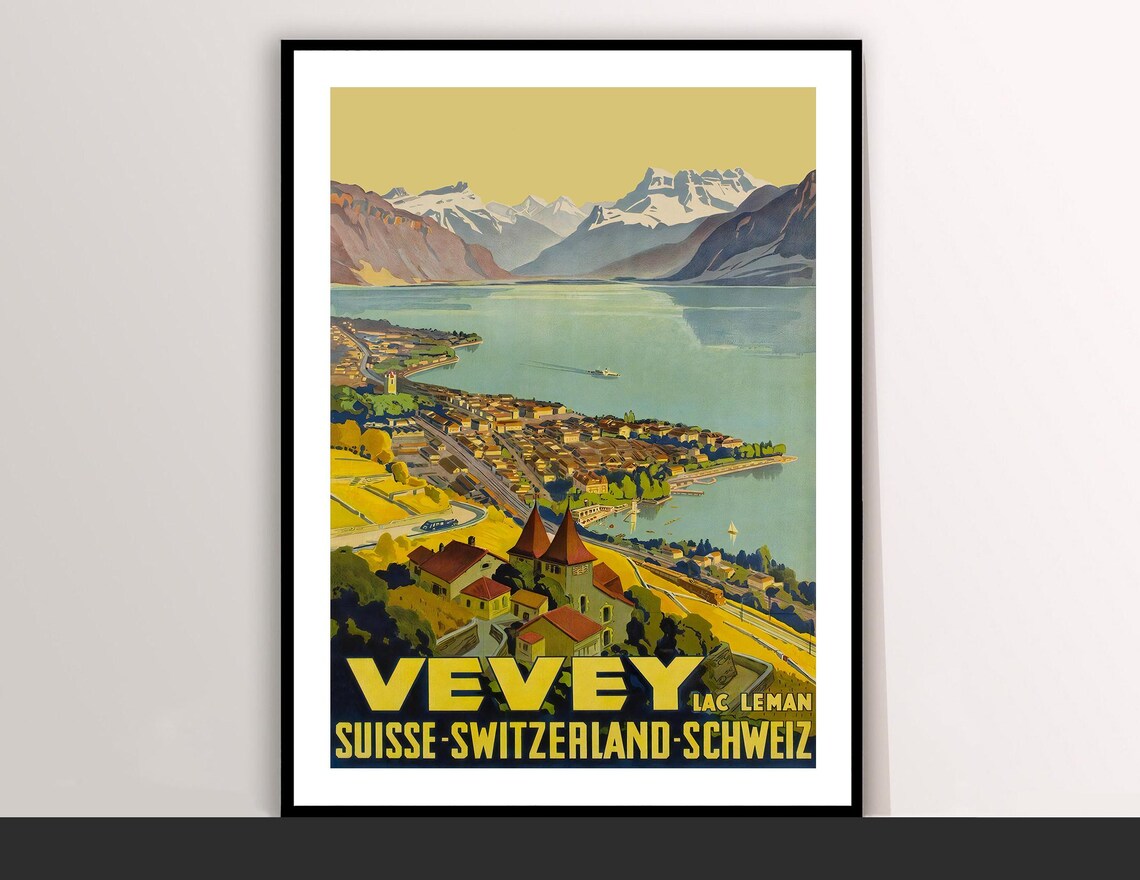Vevey Switzerland Vintage Lake Geneva Alps Travel Art Poster
