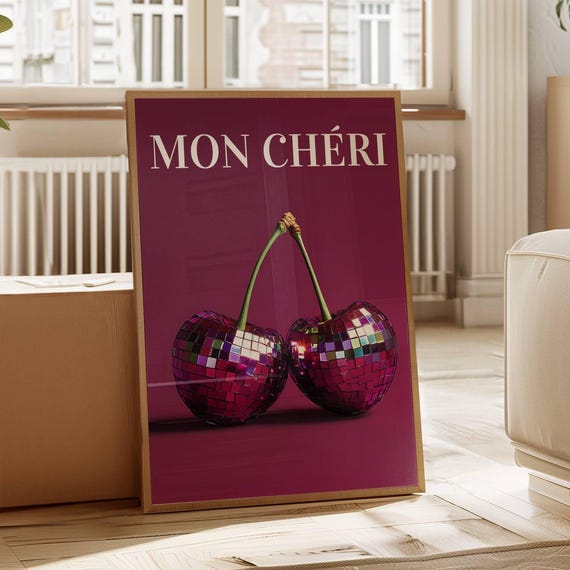 Dark Red Cherries In Disco Ball Design Mon Cheri Style Home Decor Art Prin Ma Cherie Poster Girly