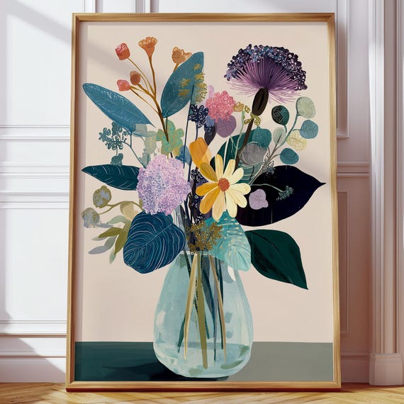 Abstract Blue Floral Bouquet Art Print Colorful Vase Of Flowers Modern Botanical Artwork Vibrant Home Decor Contemporary Living Room