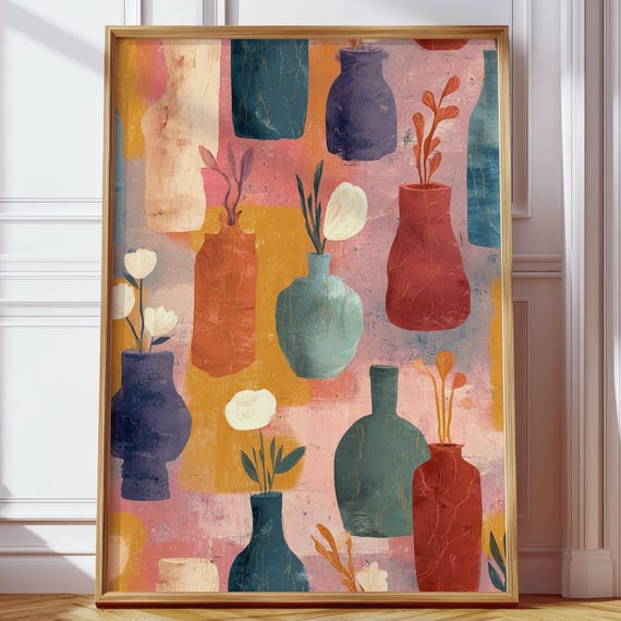 Abstract Vases And Botanicals Art Print Textured Bohemian Wall Midcentury Modern Inspired Decor Earthy Tones Home Unique Gift