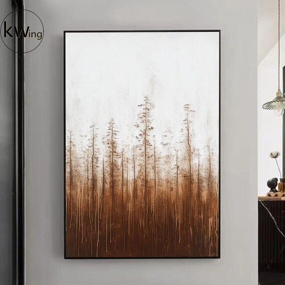 Large Brown And White Abstract Painting Brown Forest Landscape Painting Brown Minimalist Wabi Sabi Wall Art Modern Sofa Wall Decor
