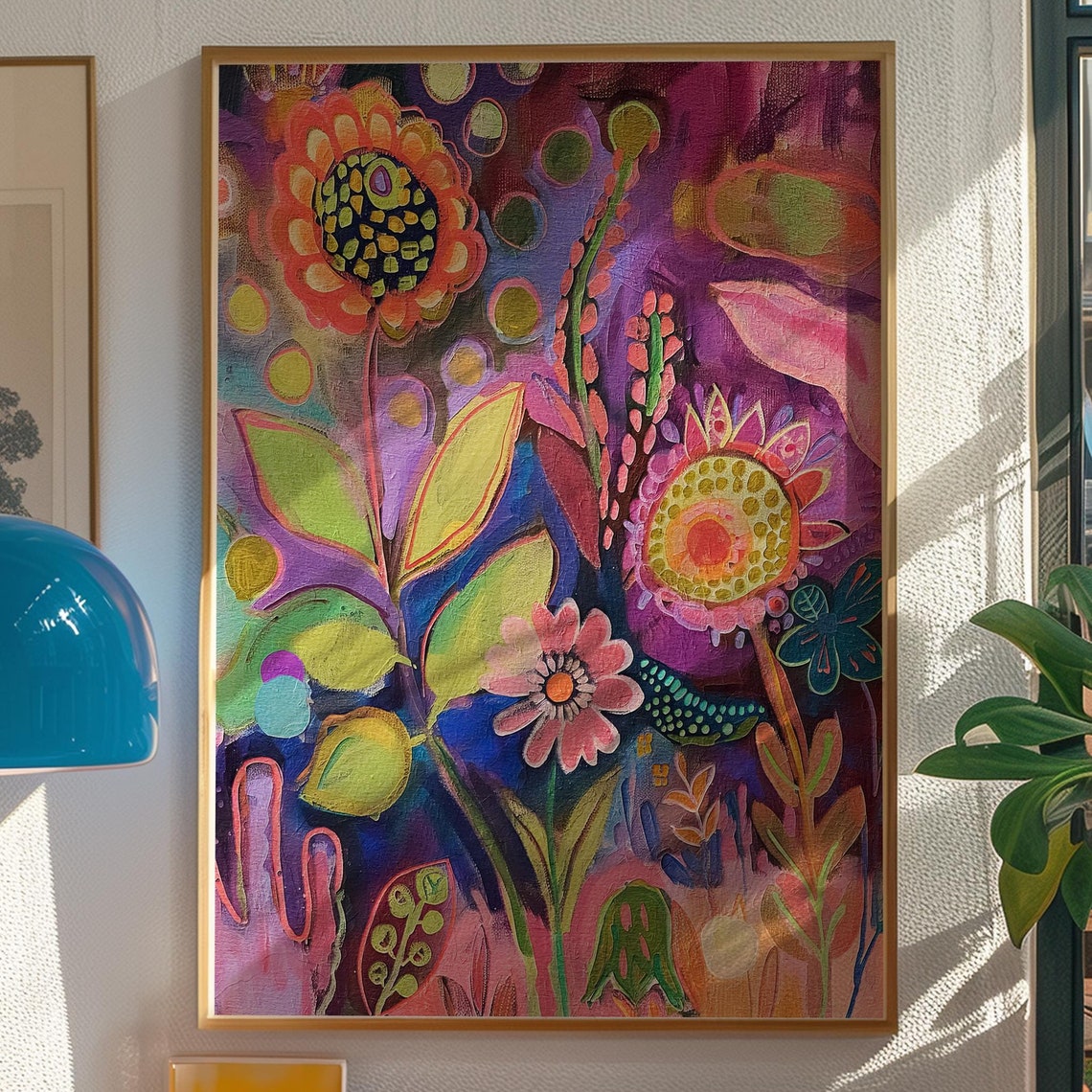 Dopamine Colors Abstract Flowers Maximalist Bright Floral Poster